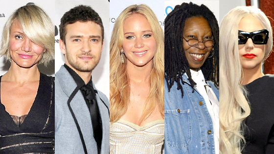 Cameron Diaz, Justin Timberlake, Jennifer Lawrence, Whoopi Goldberg, Lady Gaga Cameron Diaz, Justin Timberlake, Jennifer Lawrence, Whoopi Goldberg, Lady Gaga